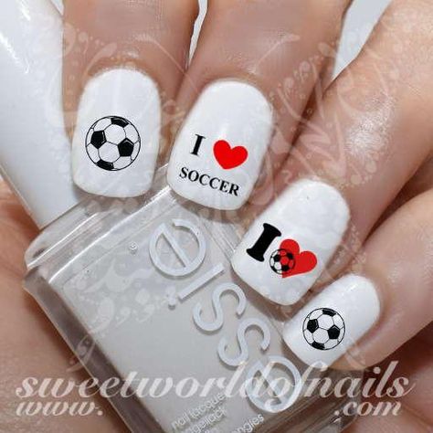 I love Soccer/Football Nail Art Water Decals Nail Transfers Wraps Soccer Nails Acrylic, Soccer Ball Nails Designs, Nails Football Design, Red Black And White Football Nails, Soccer Fingernails, Soccer Nails, Football Nail Designs, Football Nail Art, Horse Nails