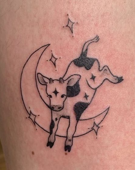 Cute Farm Animal Tattoos, Bull Cow Tattoo, Cow Over The Moon Tattoo, Cow Line Art Tattoo, Cowboy Cow Tattoo, Flying Cow Tattoo, Cow Moon Tattoo, Cow And Moon Tattoo, Heart Cow Tattoo