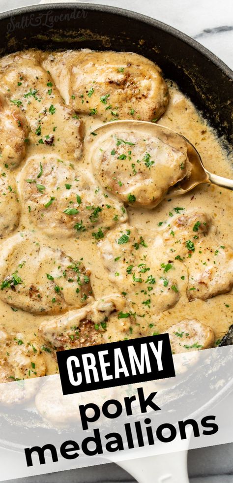 a skillet with pork in sauce with a serving spoon and text overlay that reads creamy pork medallions Pork Tenderloin With Herb Sauce, Pork Tenderloin Alfredo Pasta, Easy Pork Fillet Recipes, Creamy Sauce For Pork Tenderloin, Pork Tenderloin With Pasta Recipes, Pork Chop Medallions Recipes, Pork In Cream Sauce, Pork Tenderloin In Gravy Recipes, Fast Pork Tenderloin Recipes