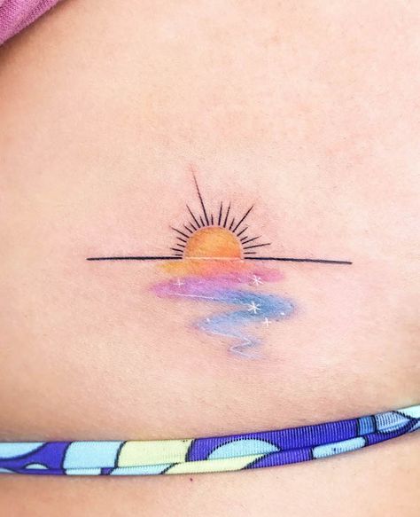 Sun Rise Tattoo Color, Watercolor Friendship Tattoo, Tattoos With Watercolor, Watercolor Travel Tattoo Ideas, Small Sunset Tattoos For Women, Water And Sun Tattoo Ideas, Colorful Sunrise Tattoo, Watercolour Sun Tattoo, Delicate Hawaiian Tattoo