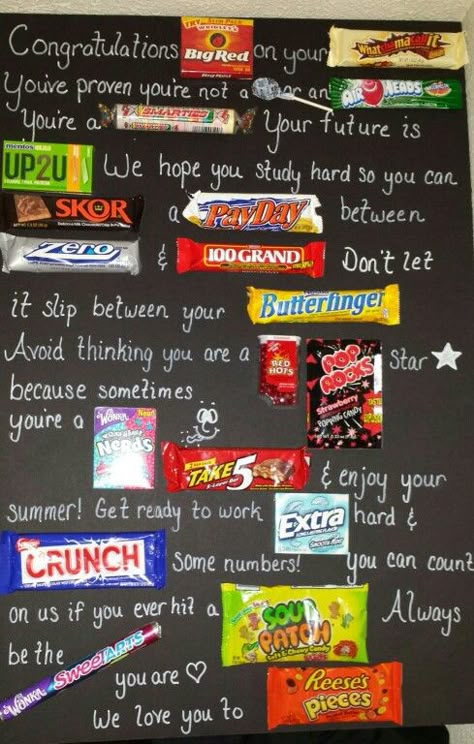 Candy bar graduation poster I made for Braden Candy Bar Poster, Thoughtful Cards, Graduation Boards, Grad Gift Ideas, Candy Bar Posters, Hadiah Diy, Graduation Party High, Diy Graduation Gifts, Senior Graduation Party