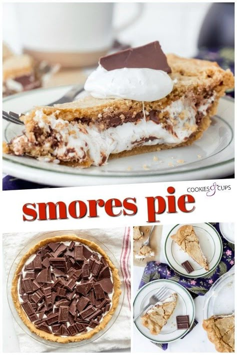 This S'mores Pie Recipe is outrageously delicious! The rolled out graham cracker crust is unique and easy, and the pie is filled with gooey marshmallow and melty chocolate! Just like a giant slice of smores with no campfire necessary! #cookiesandcups #smorespie #pierecipe #smores Easy Unique Pie Recipes, S’mores Pie Recipe, S’more Pie Recipe, Unique Pies Recipes, S’more Pie, S’mores Pie, Smore Pie, Selling Desserts, Smores Pie Recipe