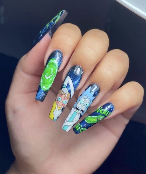 𝗍.𝗇.𝖻. | 𝖼𝗁𝖺𝗋𝖺𝖼𝗍𝖾𝗋 𝗌𝖾𝗍 Rick And Morty Acrylic Nails, Rick And Morty Valentines, Rick And Morty Nails Acrylic, Rick And Morty Nail Art, Spongebob Nails Designs, Rick And Morty Nails, Different Nail Colors, Popular Nail Trends, Pikachu Nails