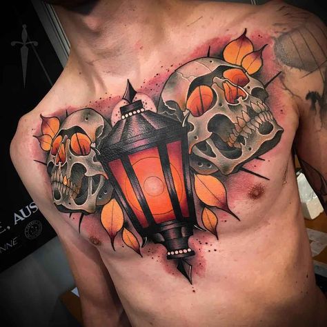 chest tattoo lantern and two skulls Two Skulls Tattoo, Chest Tattoos For Guys, Neo Traditional Chest Tattoo, Chest Tattoo Wolf, Chest Tattoo Wings, Chest Tattoo Quotes, Owl Tattoo Chest, Traditional Chest Tattoo, Rose Chest Tattoo