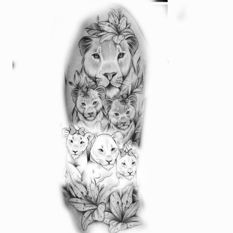 Lioness And Cubs Tattoo Mothers, Lioness And Cub Tattoo, Lion Cub Tattoo, Mother Tattoos For Children, Lion Art Tattoo, Cubs Tattoo, Sunflower Tattoo Sleeve, Lioness Tattoo, Lion Tattoo Sleeves