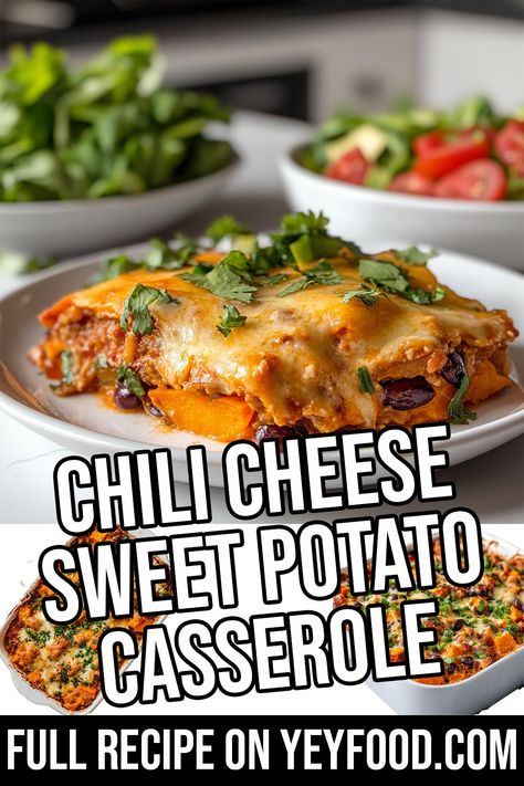 Chili Cheese Sweet Potato Casserole - Yeyfood.com: Recipes, cooking tips, and kitchen hacks for home cooks of all levels Chili Cheese Sweet Potato Casserole, Cinnamon Bread Easy, Hacks For Home, Bacon Fried Cabbage, Chili Toppings, Chili Ingredients, Vegan Chili, Chili Cheese, Gooey Cheese