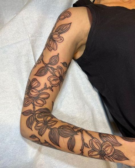 Emma Maris on Instagram: "Drawn on dogwood sleeve for Catherine 🍃🌸☁️ thank you for your trust! Just under 5 hours @blackclaw @bishoprotary @sirentattoonyc" Dogwood Blossom Tattoo, Dogwood Bouquet Tattoo, Dogwood Flower Tattoo Designs, Dogwood Tree Tattoo, Minimalist Dogwood Tattoo, Dogwood Stamp Tattoo, Dogwood Flower Tattoo, Fine Line Dogwood Flower Tattoo, Dogwood Tattoo