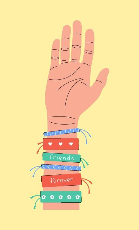 Hand in friendship bracelets isolated on yellow background. Friends forever vector flat illustration. IFriendship day poster, banner and greeting card design Background Friends, Friendship Day Cards, Friendship Day Greetings, Friendship Poster, Vector Technology, Friend Crafts, Friendship Bracelets Designs, Poster Banner, Womens History Month