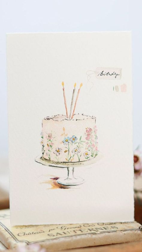 Ink And Watercolour Illustrations, Cute Card Illustration, Diy Watercolour Card, Hand Painted Birthday Cards, Painted Birthday Cards, Watercolour Birthday Cards, Watercolor Birthday Card Ideas, Birthday Card Drawing Ideas, Birthday Watercolor Card