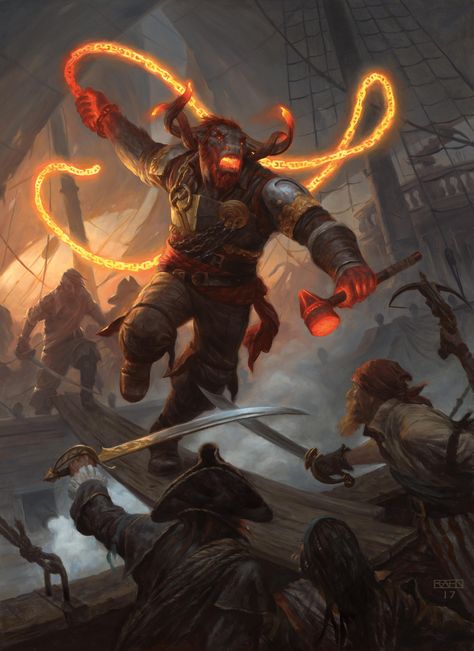 Capitán minotauro,me hace imaginar un mar,un barco con una tripulación,comandada por el minotauro,yo lo llamaría el capitan Chains,que derepronto se encuentra una embarcación enemiga. Minotaur Wizard, Chris Rahn, Mtg Art, Pirate Art, Heroic Fantasy, Fantasy Races, Dungeons And Dragons Characters, Fantasy Monster, Arte Fantasy