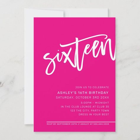 MODERN SCRIPT 16th birthday party hot pink white Invitation Zazzle Hot Pink Birthday Party, Pink Birthday Party Invitations, Hot Pink Birthday, Pink Sweet 16, Sweet Sixteen Birthday Party Ideas, 16 Invitations, White Invitation, Hot Pink Weddings, Sweet 16 Decorations