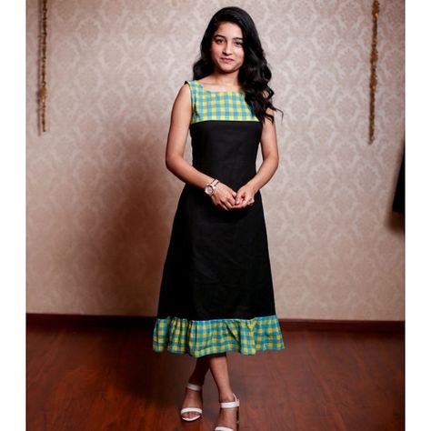 Black Green Checks Ruffles Dress Aline Frock, Cotton Dress Pattern, Kalamkari Dresses, Ikkat Dresses, Cotton Kurtis, Ruffles Dress, Casual Frocks, Simple Frocks, Frock Fashion