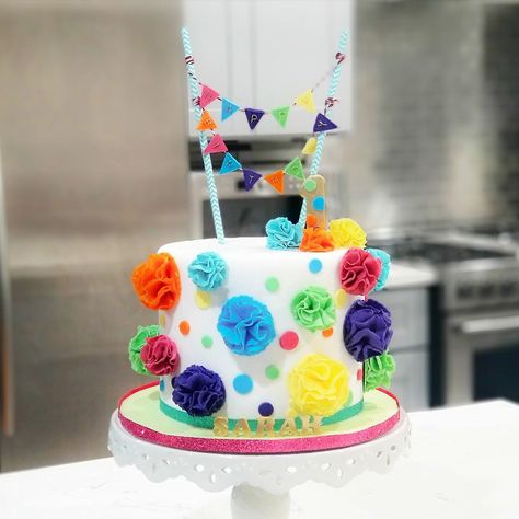 Bright Pom poms birthday cake with banner Pom Pom Birthday Cake, Pom Pom Cake, 2023 Birthday, Sesame Street Birthday Party, Sesame Street Birthday, Fourth Birthday, 11th Birthday, First Birthday Cakes, Birthday Bash