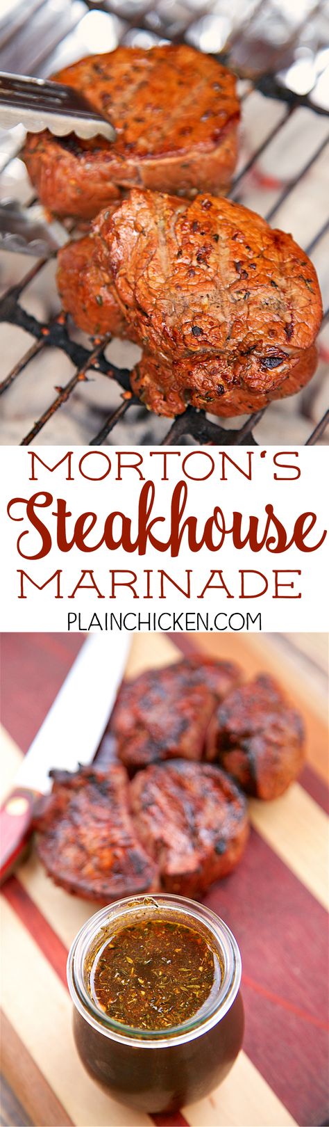 Morton's Steakhouse Marinade - recipe from the famous steakhouse. Garlic, thyme, cayenne pepper, soy sauce, Worcestershire sauce, oil, lime juice, salt and pepper. This makes THE BEST steaks EVER! I cleaned my plate, and I never do that! Seriously, the best steak I've ever eaten - better than any restaurant! Restaurant Steak Marinade, Steak Marinades, Steak Marinade Recipes, The Best Steak, Dry Rubs, Bbq Sauces, T Bone Steak, Plain Chicken, My Plate