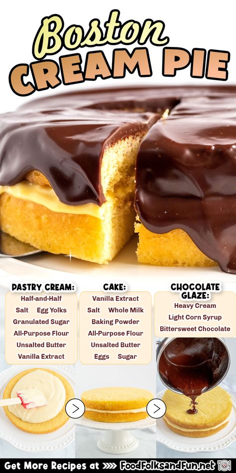 Boston Cake Recipe, Homemade Boston Cream Cake, Boston Creme Filling, Boston Cream Recipes, Strawberry Boston Cream Cake, Boston Cream Filling Recipe, Boston Crème Pie, Boston Creme Cake, Boston Cream Filling