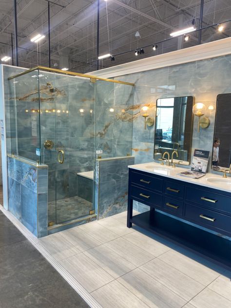 Elegant Restroom, Blue Tile Bathroom Gold Fixtures, Blue Onyx Bathroom, Luxury Bathroom Ideas Master Suite, Blue Marble Porcelain Tile Bathroom, Marble Shower With Blue Accent Tile, Master Bathrooms Luxury, Spa Blue Glass Tile Bathroom, Blue Bathrooms Designs