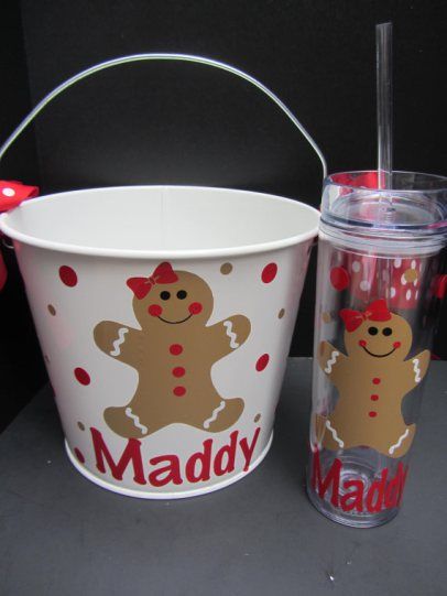 Personalized Christmas Gift Bucket and Tumbler Set – made by DottedDesigns on Etsy Christmas Buckets For Kids, Bucket Gift Ideas, Cookie Exchange Party Ideas, Christmas Buckets, Cookie Store, Painted Buckets, Holiday Cookie Exchange Party, Bucket Crafts, Winter Wonderland Christmas Party