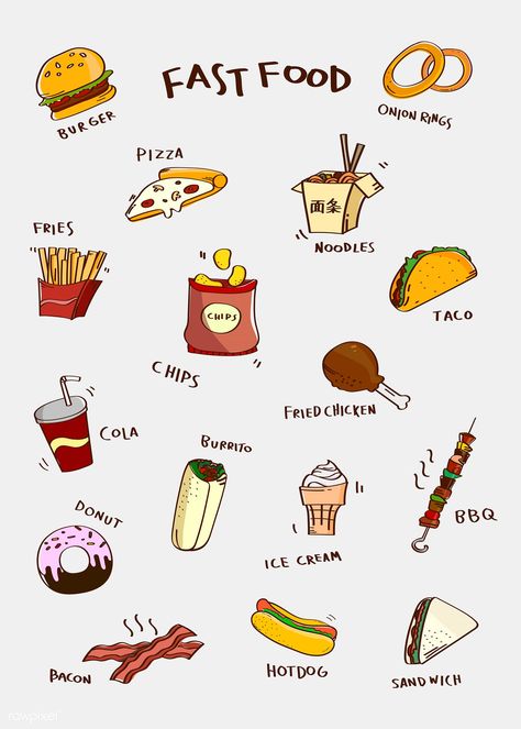 Fast Food Doodles, Fast Food Drawing, Food Drawing Easy, Food Doodles, Food Vector, Fast Food Menu, Food Clipart, Web Design Resources, Desenho Tattoo