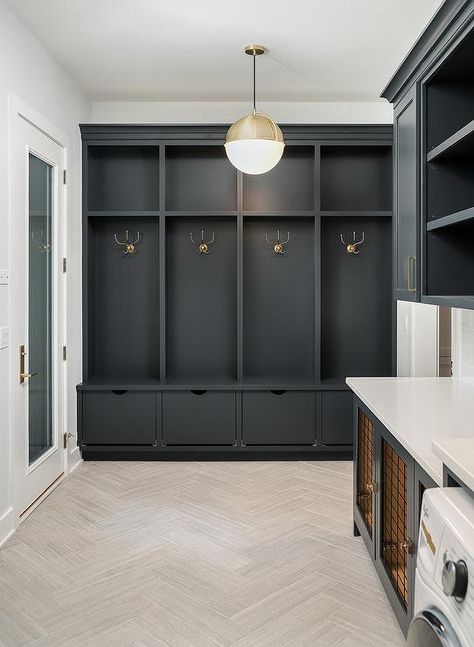 Black Mudroom Lockers with Black Shoe Drawers - Transitional - Laundry Room Budget Laundry Room Makeover, Mudroom Laundry Room Ideas, Laundry Room Paint, Mudroom Cabinets, Laundry Room Storage Shelves, Mudroom Lockers, Room Storage Diy, Mudroom Entryway, Mudroom Decor