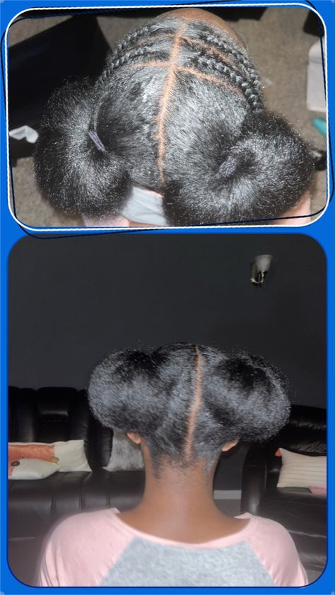 2 Buns Hairstyle Black Natural Hair 4c, 2puffs Natural Hair, Cornrow Puff Hairstyle, 2 Puff Hairstyles, Puff With Braids, Front Cornrows Hairstyles Natural Hair, Cornrow Puff, Braided Puff Natural Hair, 2 Puffs Natural Hair Hairstyles