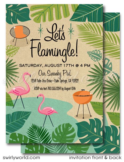 Step into a blend of nostalgic flair and mid-century charm with our printed Let's Flamingo housewarming party invitation set. Inspired by the retro 1960s and the iconic Mad Men style, this collection captures the essence of a mid-century modern design with atomic starbursts, iconic Pink Flamingoes, and a Palm Springs aesthetic. It features tropical leaves and a desert theme, making it ideal for housewarming parties or summer gatherings. Golden Book Baby Shower, Palm Springs Pool Party, Retro Pool Parties, Chalkboard Illustration, Retro Pool, Palm Springs Party, Flamingo Invitation, Christmas Wedding Themes, Bbq Party Invitations