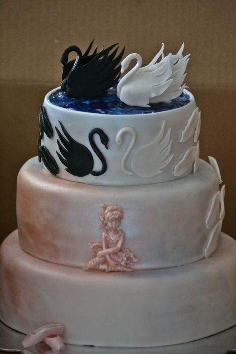 Swan Lake Inspired Birthday Cake Swan Lake Theme Party, Lake Birthday Cake, Black Swan Cake, Swan Lake Cake, Swan Lake Party, Swan Lake Birthday, Quinceañera Cakes, Lake Birthday Party, Lake Cake