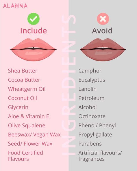 Include Vs. Avoid ingredients for lip balm Lip Care Natural, Natural Lip Moisturizer, How To Make Lip Balm, Lip Balm Business, Lipbalm Diy, Remedies For Chapped Lips, Lip Balm Diy, Lip Healing, Aloe Vera For Sunburn