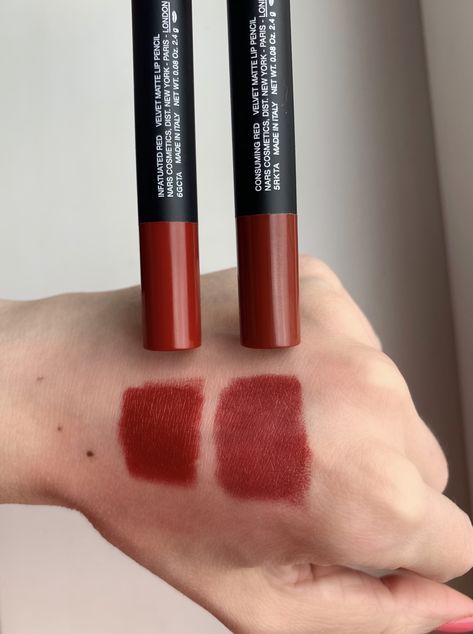 NARS Velvet Matte Lip Pencil Swatches “ Infatuated Red ” “ Consuming Red “ Nars Red Lipstick, Red Lip Pencil, Nars Velvet Matte Lip Pencil, Nars Lipstick, Lip Makeup Tutorial, Instagram Makeup, Velvet Matte, Lip Pencil, Matte Lip