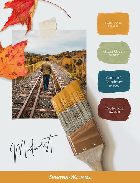 Great Lakes, lush rolling farms, and remarkable fall colors inspired this palette honoring America's heartland. Tap this pin to order free color chips to see which hues would look best in your space. #sherwinwilliams #paint #painting #diy #renovation #decor #interiordesign #paintpalette #colorpalette #midwest #midwestcolors Midwest Color Palette, Farm Color Palette, Country Color Palette, Western Color Palette, Artful Agenda, Craftsman Interior Design, Farmhouse Color Scheme, Craftsman Interior, Paint Color Inspiration