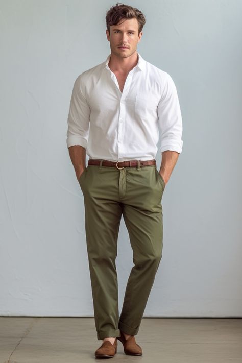 Classic White Shirt and Olive Green Pants Men Outfit Green Shirt, Men’s Professional Outfits, White Shirt And Olive Green Pants Men, Chino Wedding Outfit Men, White Shirt Green Pants Men, Men Olive Pants Outfit, Men Olive Green Pants Outfit, Olive Green Pants Outfit Men Casual, Men’s Green Pants