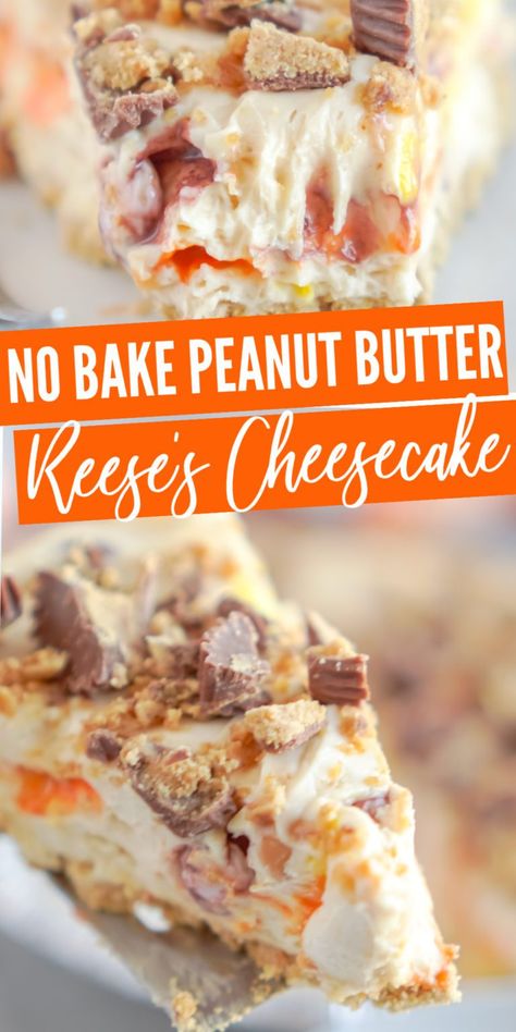 No Bake Peanut Butter Reese's Cheesecake! If you are obsessed with everything Reese's like I am, this Reese's Cheesecake Peanut Butter No Bake Pie is sure to hit the spot! Perfect for Summer, Fall, Halloween, or Thanksgiving! An easy No Bake Dessert Recipe! #lemonpeony #peanutbutter #reeses #cheesecake #nobake #desserts Reeses Cheesecake Tacos, Reese Puffs Recipes, Peanut Butter No Bake Pie, Cheesecake Easy No Bake, Reese's Cheesecake, No Bake Peanut Butter Cheesecake, Cheesecake Peanut Butter, Reese's Peanut Butter Cheesecake, Thm Diet