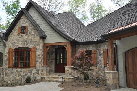 colorful exterior stone | green color with stone and wood for house exterior Cottage Exterior Colors, Lake Houses Exterior, Brown Roof, Cottage Exterior, Wooden Shutters, Exterior Paint Colors For House, Wood Shutters, Casa Exterior, Exterior Stone