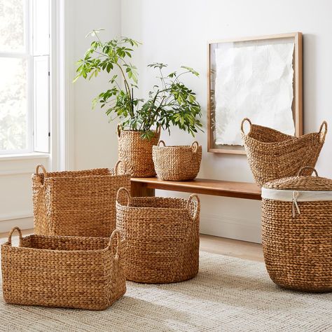 Curved Basket Collection - Natural | West Elm Basket Collection, Big Basket, Lidded Baskets, Wood Basket, Seagrass Basket, Small Space Organization, Water Hyacinth, Large Baskets, Stained Wood