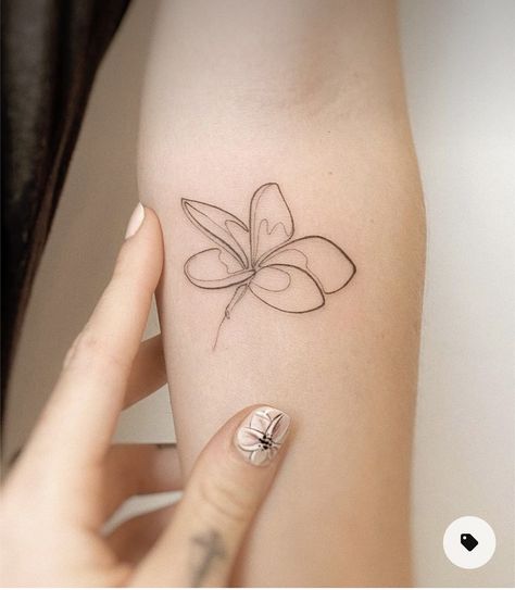 Plumeria Branch Tattoo, Plumeria Fine Line Tattoo, Frangipani Flower Tattoo, Back Of Elbow Tattoos For Women, Above Elbow Tattoos For Women, Fiori Frangipani, Jr Tattoo, Plumeria Flower Tattoos, Frangipani Tattoo