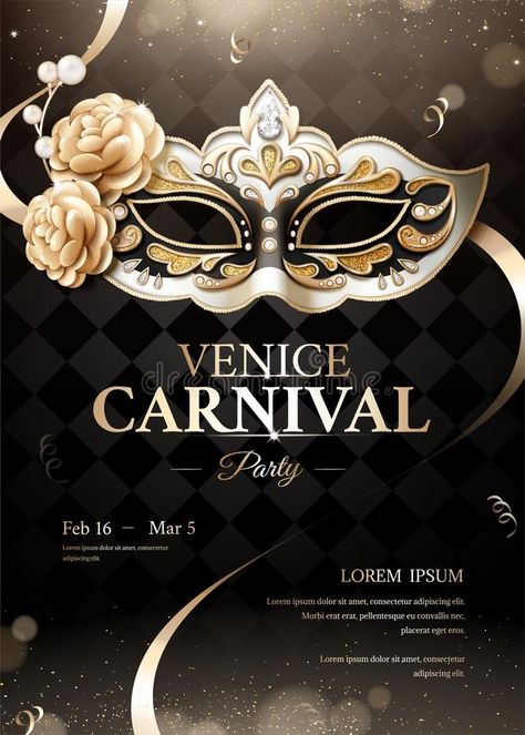 Venice carnival party poster. With sumptuous mask on black bokeh background in 3 , #AFFILIATE, #poster, #sumptuous, #party, #Venice, #carnival #ad Masquerade Poster Design, Masquerade Dinner, Carnival Poster, Ideas Sketch, Black And Gold Theme, Venice Mask, Carnival Posters, Feather Vector, Venetian Carnival