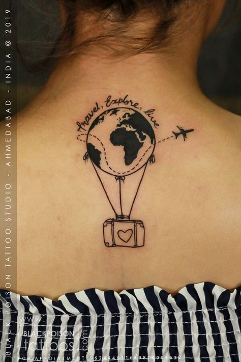 Back Tattoo Quotes, Traveling Tattoo, Love Quote Tattoos, Globe Tattoos, Wanderlust Tattoo, Tattoo Process, Explore Tattoo, Tattoo Parlors, Tattoo Placement