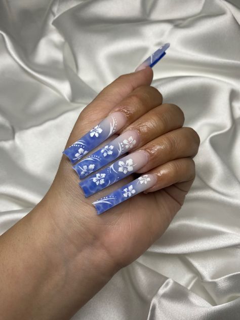 Blue Ocean Nails Acrylic, Tropical Vacation Nails Long, Water Acrylic Nails, Ocean Water Nails, Water Nails Acrylic, Pool Nails Designs, Ocean Acrylic Nails, Pool Water Nails, Hawaiian Flower Nails Acrylic