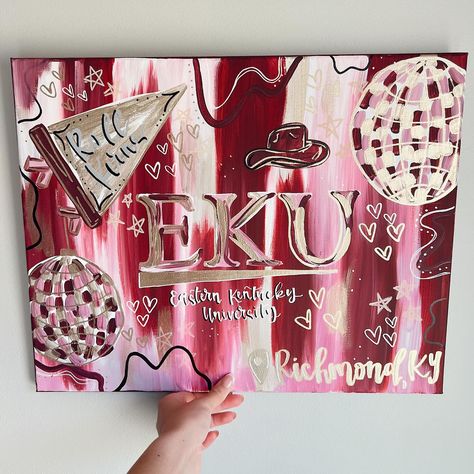 Eastern Kentucky University ❤️ • • #designsbyyyc #easternkentuckyuniversity #easternkentuckyfootball #easternkentucky #smallbusiness #smallbusinessowner #customartwork #custompainting #custompainter #love #disco #discoballs #richmondky Kentucky Painting, Kansas Painting, Ottawa University, Dorm Paintings, Eastern Kentucky University, College Canvas, Kentucky University, University Of Ottawa, Eastern Kentucky