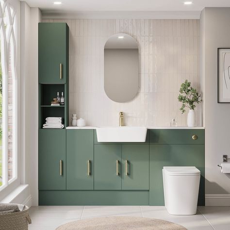 Built In Storage Around Toilet, Fitted Bathroom Furniture Small Spaces, Green Bathroom Units, Bathroom Units Ideas, Bathrooms With Storage, Bathroom Cupboard Ideas, Green Toilet, Toilet And Sink Unit, Bathroom Revamp