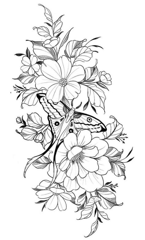 Lunar Moth And Flower Tattoo, Dragon Flowers Tattoo Design, Moth And Flower Tattoo Sleeve, Moth And Flowers Tattoo Design, Flowers And Insects Tattoo, Butterfly Floral Tattoo Design, Flower Moth Tattoo, Moth Flowers Tattoo, Moth And Skull Tattoo