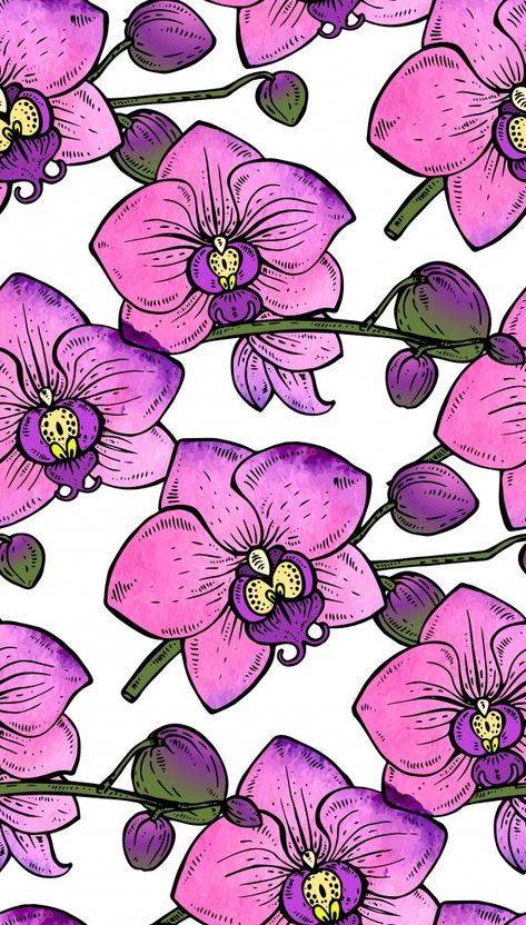 Orchid Flower Pattern, Orchid Pattern Design, Flowers With Watercolor, Bottle Paint, Orchid Wallpaper, Orchid Pattern, Collage Quilts, Zentangle Ideas, Hawaiian Pattern