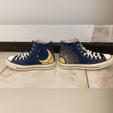 Navy Blue Base With Brown Accents, Yellow Sun And Moon Design And Honey Embroidered On Back. Brand New Never Worn Before.(No Box Tho) And A Size 10 In Women’s Embroidered Converse Stars, Star Embroidered Converse, Converse Unique, Moon Converse, Converse Costumised Ideas, Celestial Shoes, Paint Converse Diy, Painting On Converse, Bleached Converse