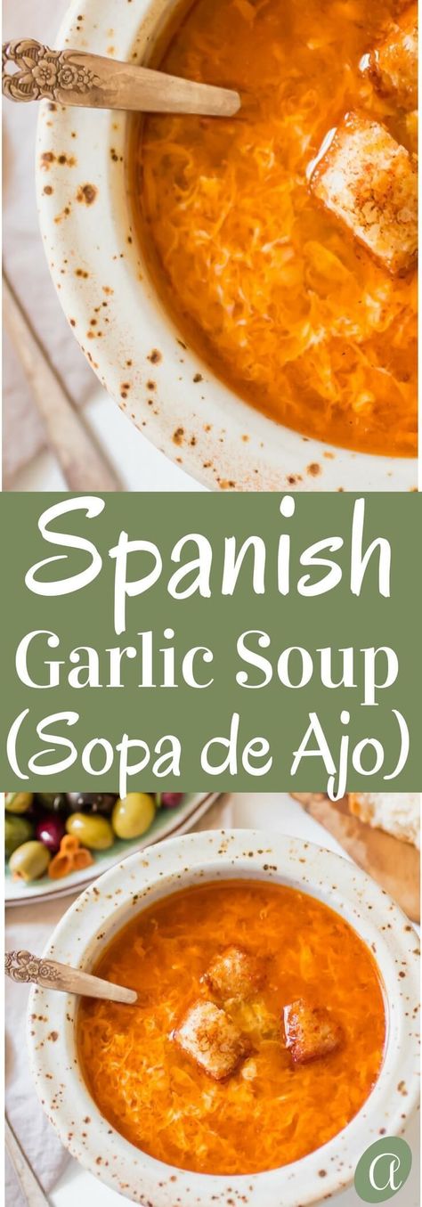 Healthy Spanish garlic soup, Sopa de Ajo. A humble recipe using 7 simple ingredients, ready in 15 minutes. The most nourishing bowl of healthy, delicious restorative soup. via @abrapappa Cheesecake Danish, Broth Soup, Soups Stews Chilis, Food Soup, Garlic Soup, Spanish Recipes, Spanish Cuisine, Comfy Winter, Easy Soup Recipes