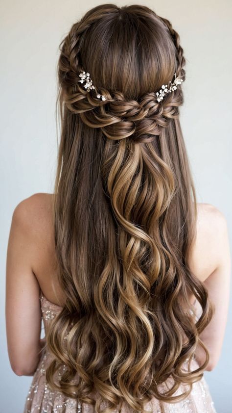 Hairstyles For Debutant, Formal Hair Inspo Down, Half Up Half Down Evening Hair, Unique Hoco Hairstyles, Long Wavy Hair Styles For Wedding, Rustic Wedding Hairstyles For Long Hair, Wedding Hairstyles For Dark Hair, Prom Hair Styles Updos, Hair For Ball