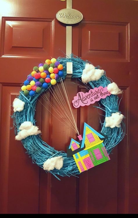 Homemade Disney Up wreath #disney #up #homemade #wreath Disney Crafts Adults, Up Wreath Disney, Disney Up Home Decor, Wreath Decorating Contest Ideas, Homemade Disney Gifts, Disney Inspired Crafts, Disney Up Decorations, Christmas Wreath Contest Ideas, Disney Wreaths For Front Door