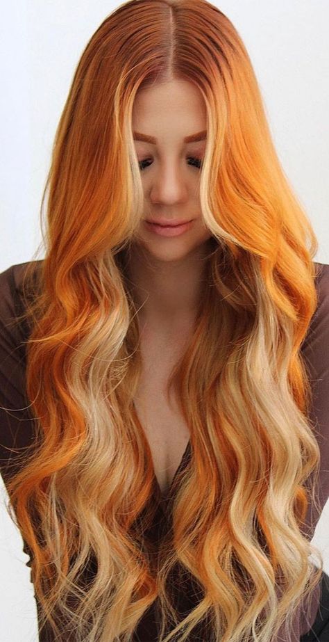 Long Copper Hair With Blonde Money Piece, Copper Hair Blonde Halo, Trendy Copper Hair, Ginger With Light Highlights, Mango Hair Color, Light Orange Hair With Blonde Highlights, Copper With Blonde Hair, Copper Red And Blonde Hair Color, Red Hair With Light Red Highlights