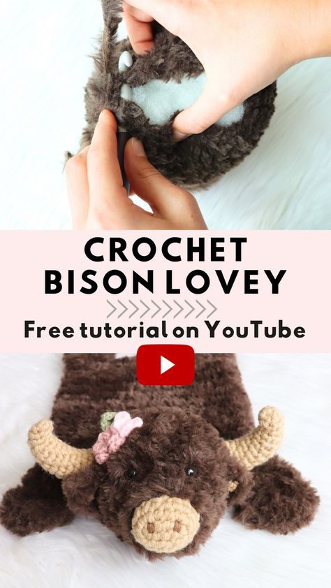 This Crochet Bison Lovey is a VERY easy and beginner friendly FREE pattern and tutorial. This bison pattern is a simple and easy make. It is VERY low-sew, and I can't wait to see what you make with it! Buffalo Crochet Pattern Free, Bison Crochet Pattern, Crochet Buffalo, Crochet Videos Tutorials, Amigurumi Free, Crochet Videos, Easy Tutorial, Highland Cow, Crochet For Beginners