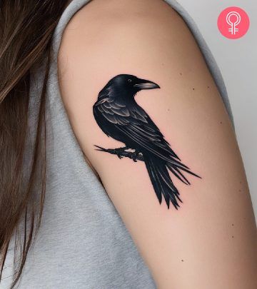 A raven tattoo on the upper arm Norse Raven Tattoo Design, Raven Tattoo Feminine, Raven Tattoo Ideas, Metamorphosis Tattoo, Raven Tattoos, Trinity Knot Tattoo, Hand Tattoo Images, Rabe Tattoo, 1972 Olympics