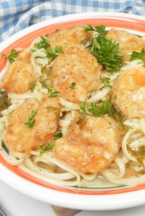 Serve this easy shrimp Francese over linguine at your next dinner party--the lemon-wine sauce and pan-fried texture of the shrimp are sure to impress. Shrimp Over Pasta, Shrimp Diane Recipe, Shrimp Franchise, Shrimp Dijon Recipes, Shrimp Francese Recipe, Shrimp Fricassee, Fish Francese Recipe, Shrimp Paste Recipe, Shrimp And Pasta Recipes