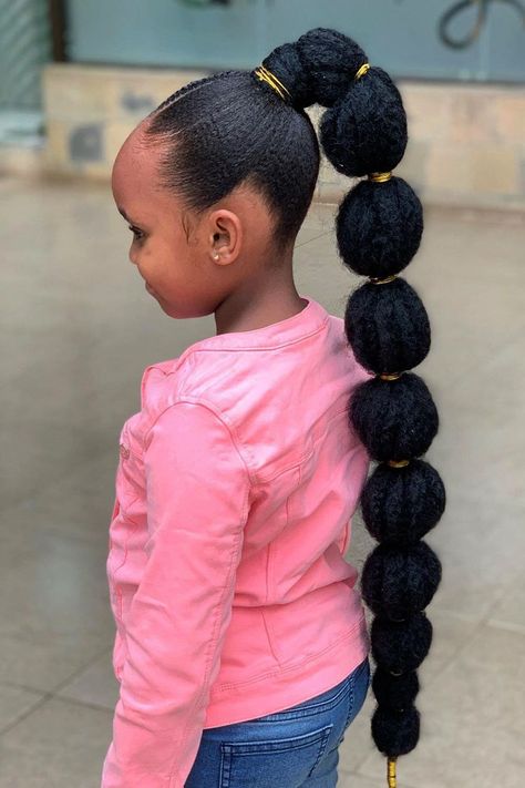 Long Bubble Ponytail for Black Girls Afro Hairstyles Ponytails, Bubble Ponytail Natural Hair, Bubble Ponytail Hairstyles Black Women, Baby Ponytail Hairstyles, Kids Ponytail Hairstyles Black Natural, Kid Ponytail Hairstyles Black, Ponytail Styles For Black Kids, Kids Ponytail Hairstyles Black, Ponytail Hairstyles For Black Kids